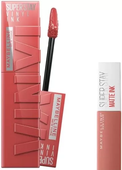 Maybelline New York, Super Stay Vinyl Ink, Uzun Süre Kalıcı, Likit Parlak Ruj 15 Peachy & Mini, Super Stay Matte Ink, Likit Mat Ruj 65 Seductress, Makyaj Seti