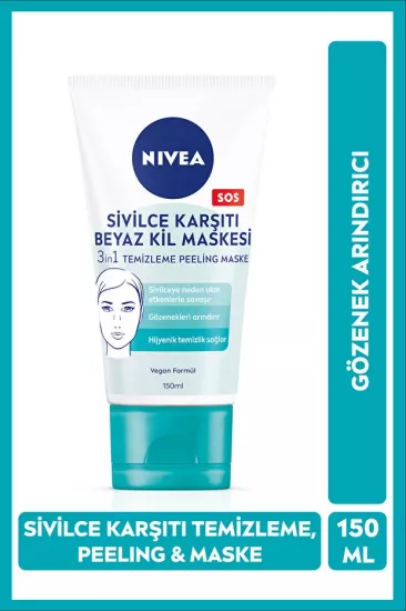 NIVEA, Sivilce Karşıtı 3’ü1 Arada Beyaz Kil Maskesi, Gözenek ve Siyah Nokta Arındırıcı, Tüm Cilt Tipleri - 150 ml