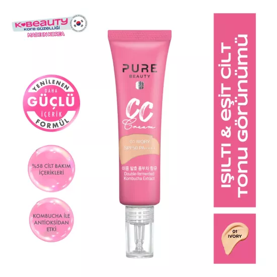 Pure Beauty, CC Krem, SPF50, PA++++, Ivory - 30 ml (Yeni Ürün 4+)
