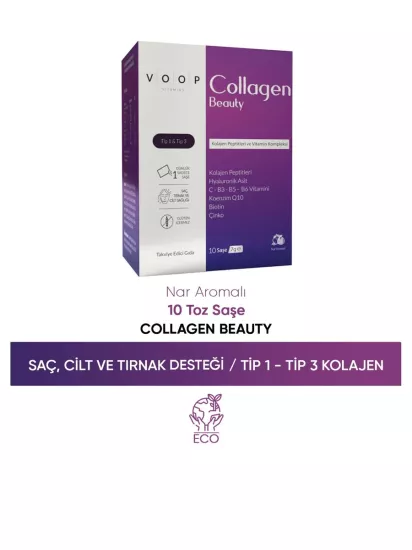 Voop, Collagen, Beauty Yüksek Biyoaktif Hidrolize Tip 1 & Tip 3 Kolajen Takviyesi - 10 Toz Saşe