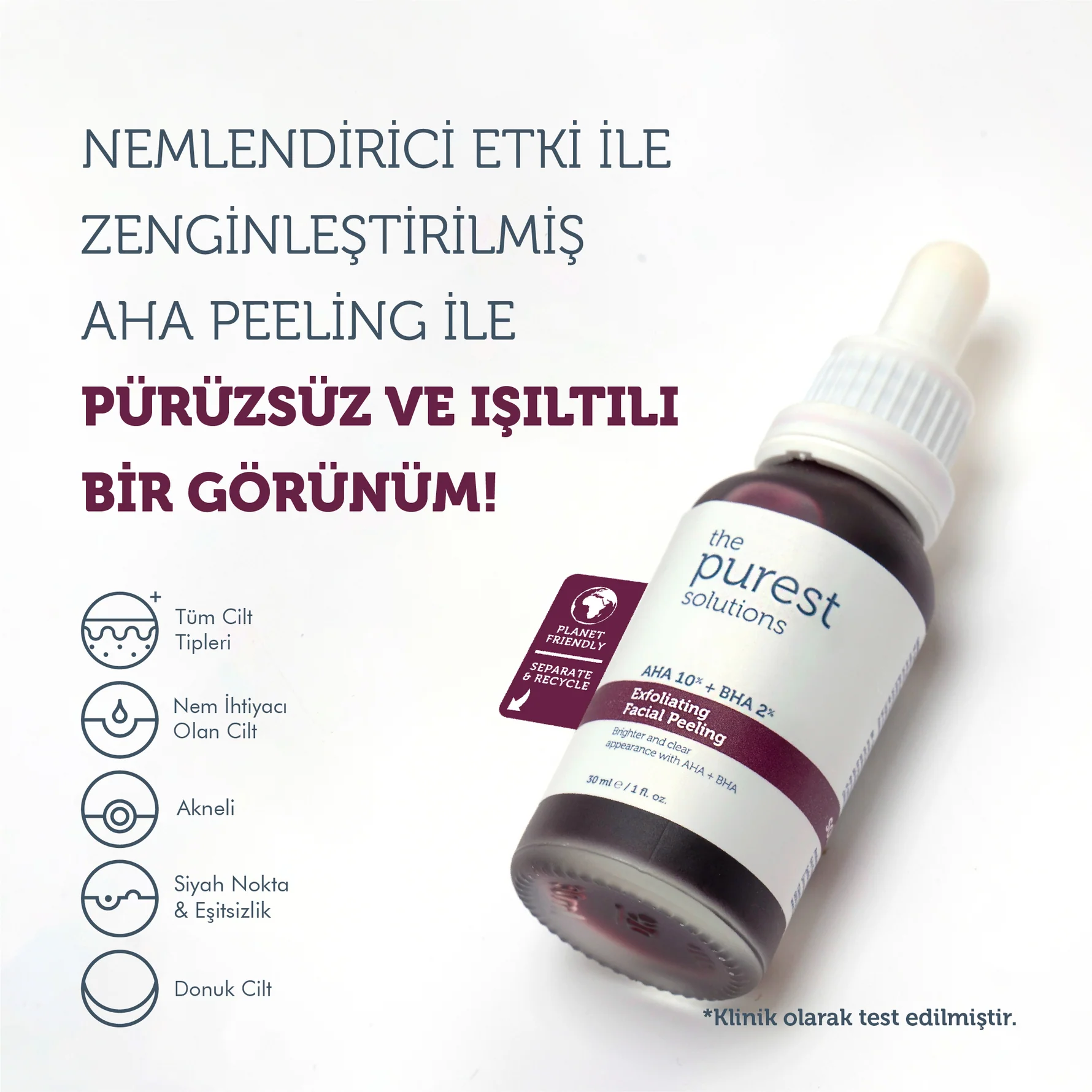 The Purest Solutions, AHA & BHA, Canlandırıcı ve Cilt Tonu Eşitleyici, Kırmızı Peeling Cilt Serumu - 30 ml