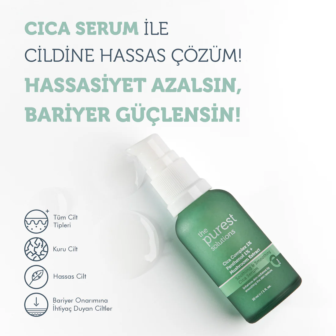 The Purest Solutions, Hassas Ciltler için, Kızarıklık Karşıtı ve Bariyer Onarıcı, Cica Serum - 30 ml