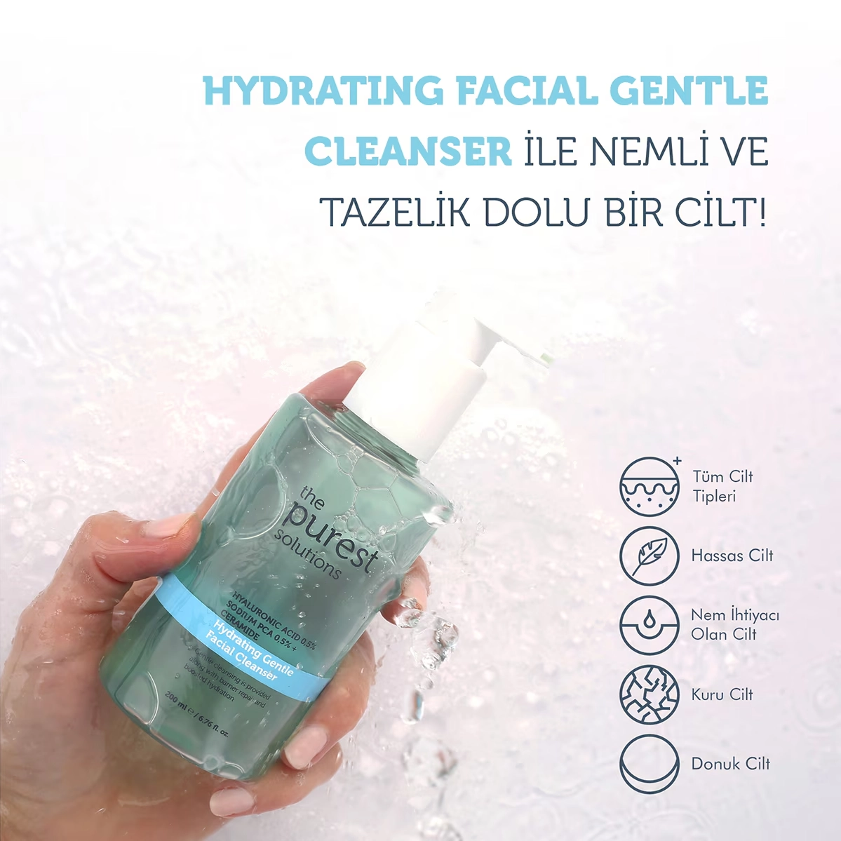 The Purest Solutions, Kuru ve Karma Ciltler için, Nemlendirici ve Bariyer Onarıcı, Temizleme Jeli - 200 ml