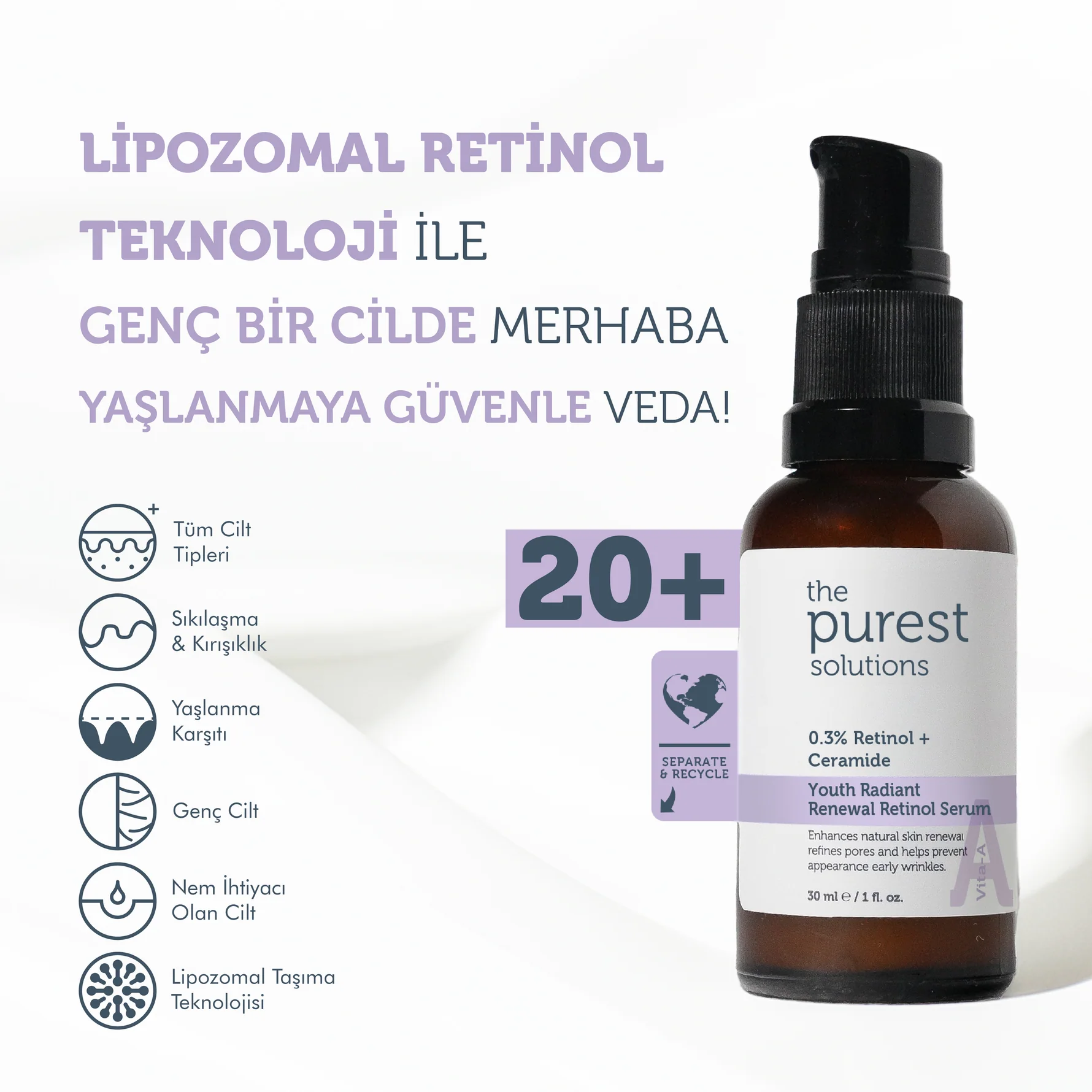 The Purest Solutions, Yenileyici ve Yaşlanma Karşıtı, Lipozomal, Retinol Gece Serumu 20+ - 30 ml
