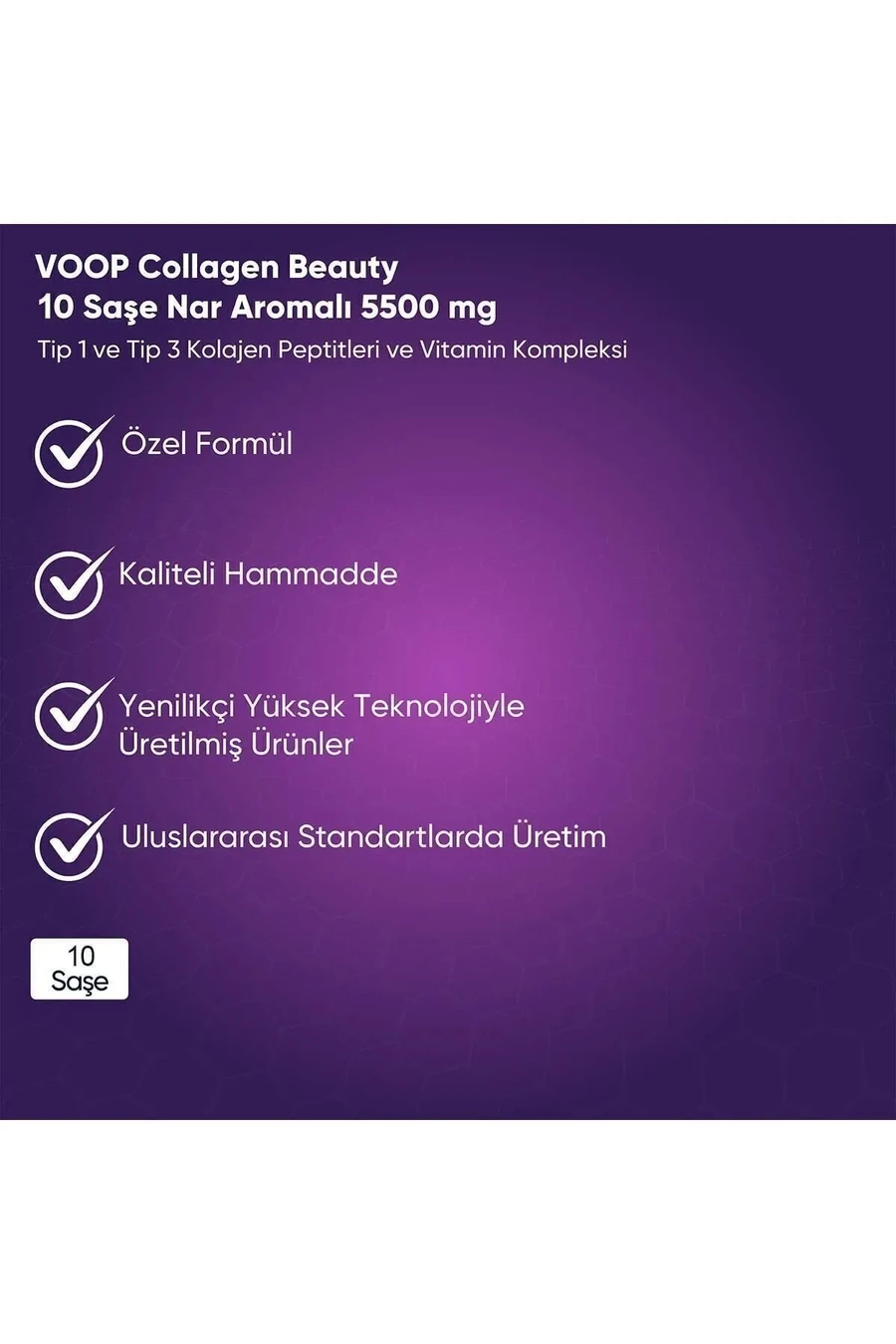 Voop, Collagen, Beauty Yüksek Biyoaktif Hidrolize Tip 1 & Tip 3 Kolajen Takviyesi - 10 Toz Saşe