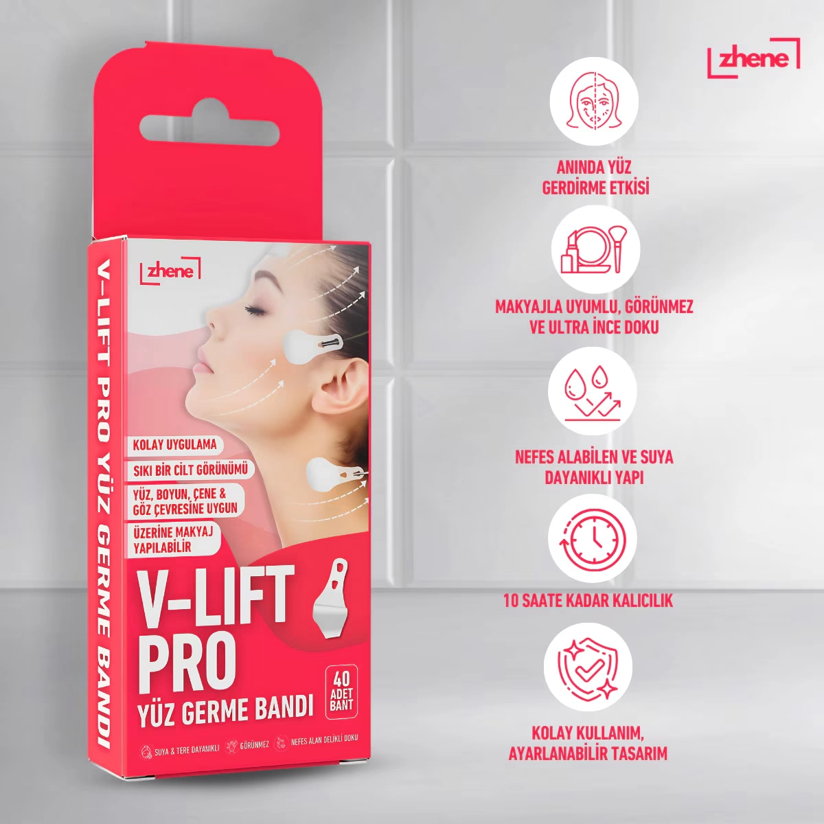 Zhene, V-Lift Pro, Yüz Kaş Boyun Göz Germe Gerdirme Bandı, Medikal Yüksek Kalite