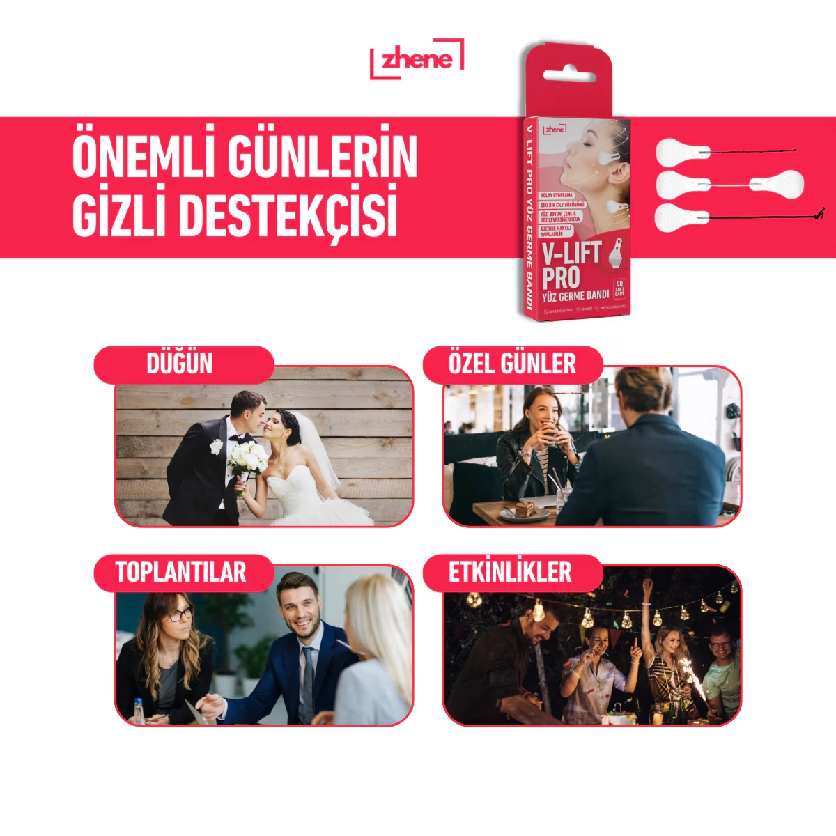 Zhene, V-Lift Pro, Yüz Kaş Boyun Göz Germe Gerdirme Bandı, Medikal Yüksek Kalite